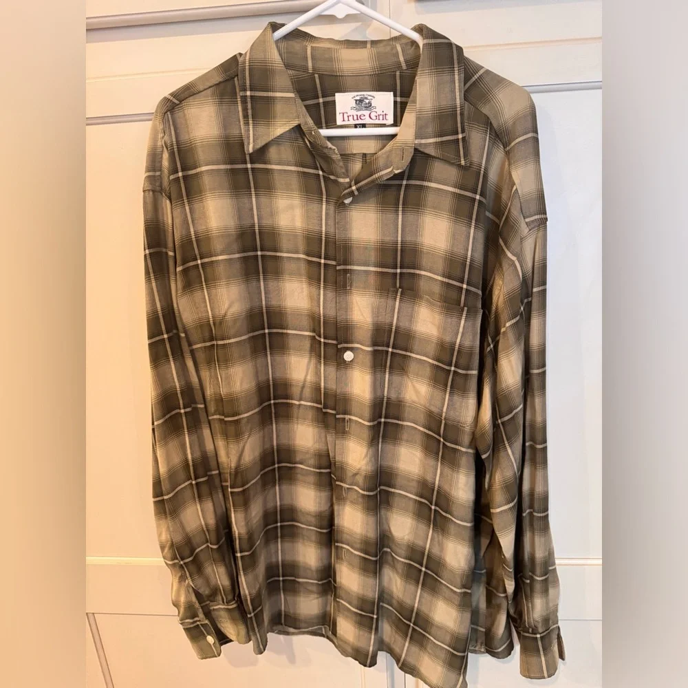 True Grit Men's Plaid Shirt - Green and Tan - Picture 1 of 3